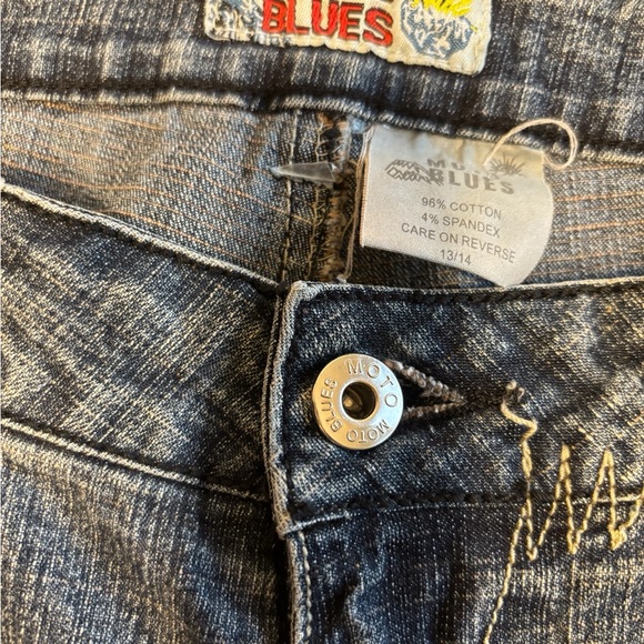 Moto Blues Blue Jeans Vintage Y2K Embroidered Boot cut womens 13 14 Petite short - Picture 7 of 7